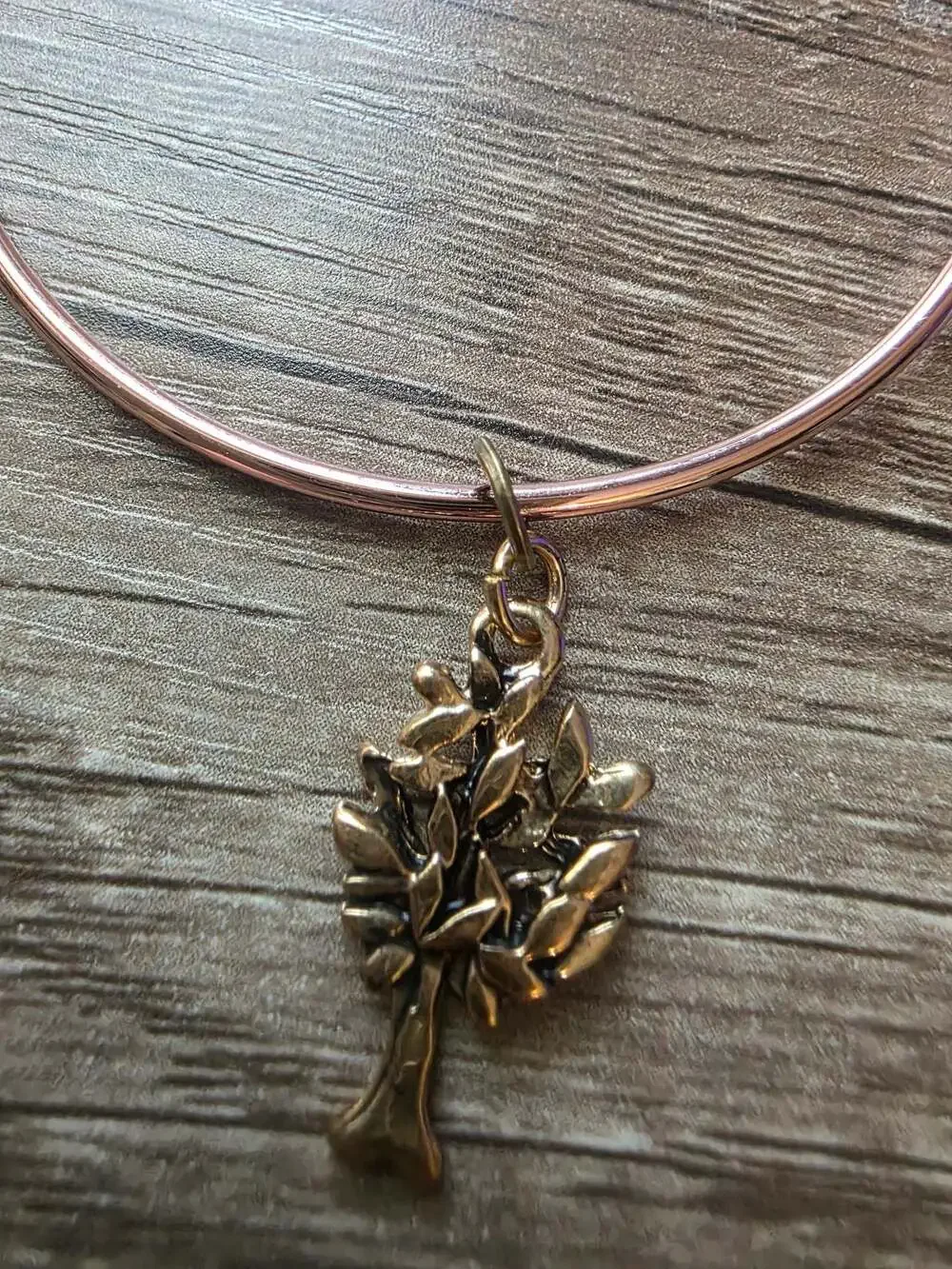Rose Gold Tone Expandable Bangle Bracelet with Tree Charm